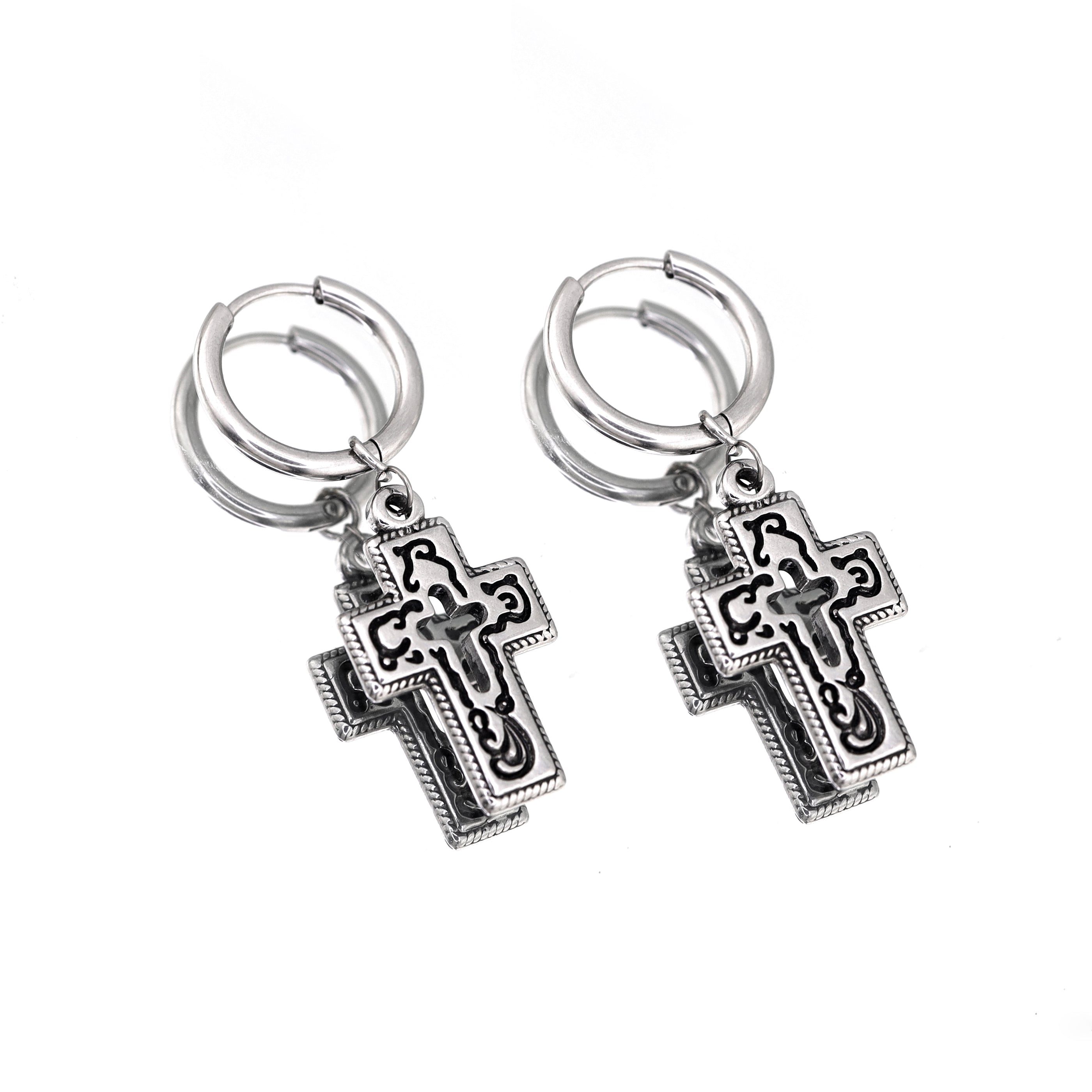 PAIR OF Openwork Gothic Cross stainl ess steel Earring ph1