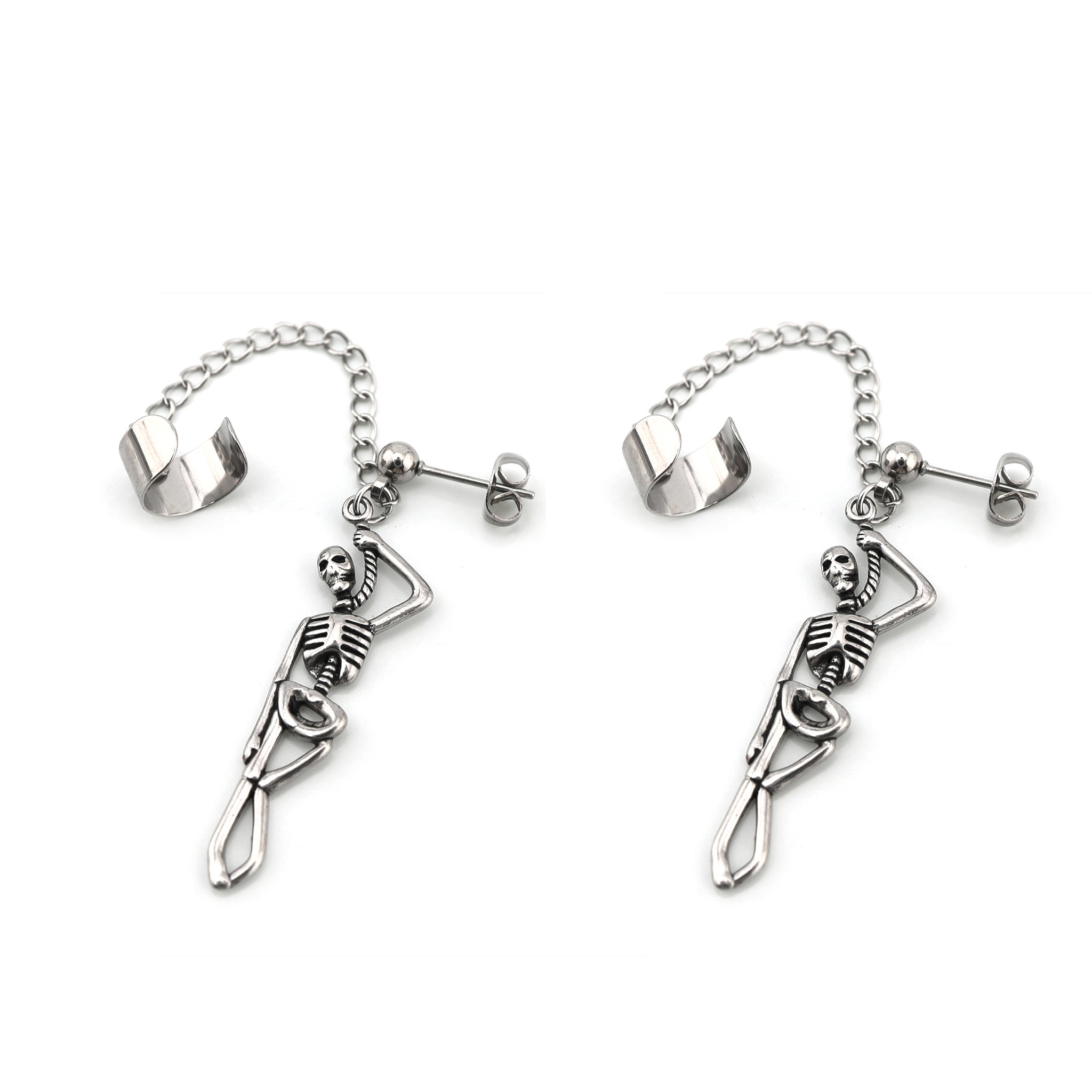 Thin Gauge Openwork Skull Chain Dangle tainless steel Earrings ph1