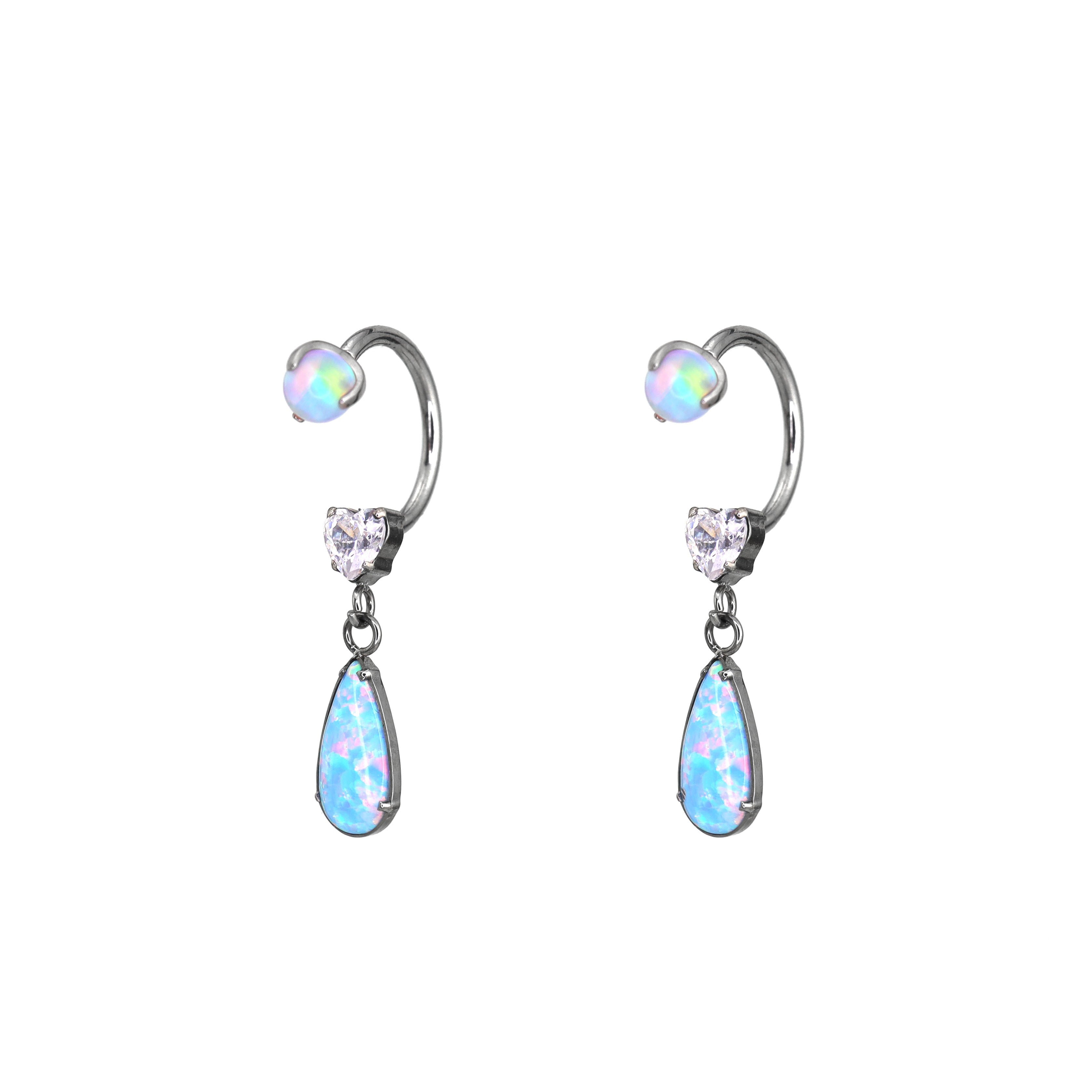 Pair of  Heart Opal CZ Titanium Horseshoe Ring