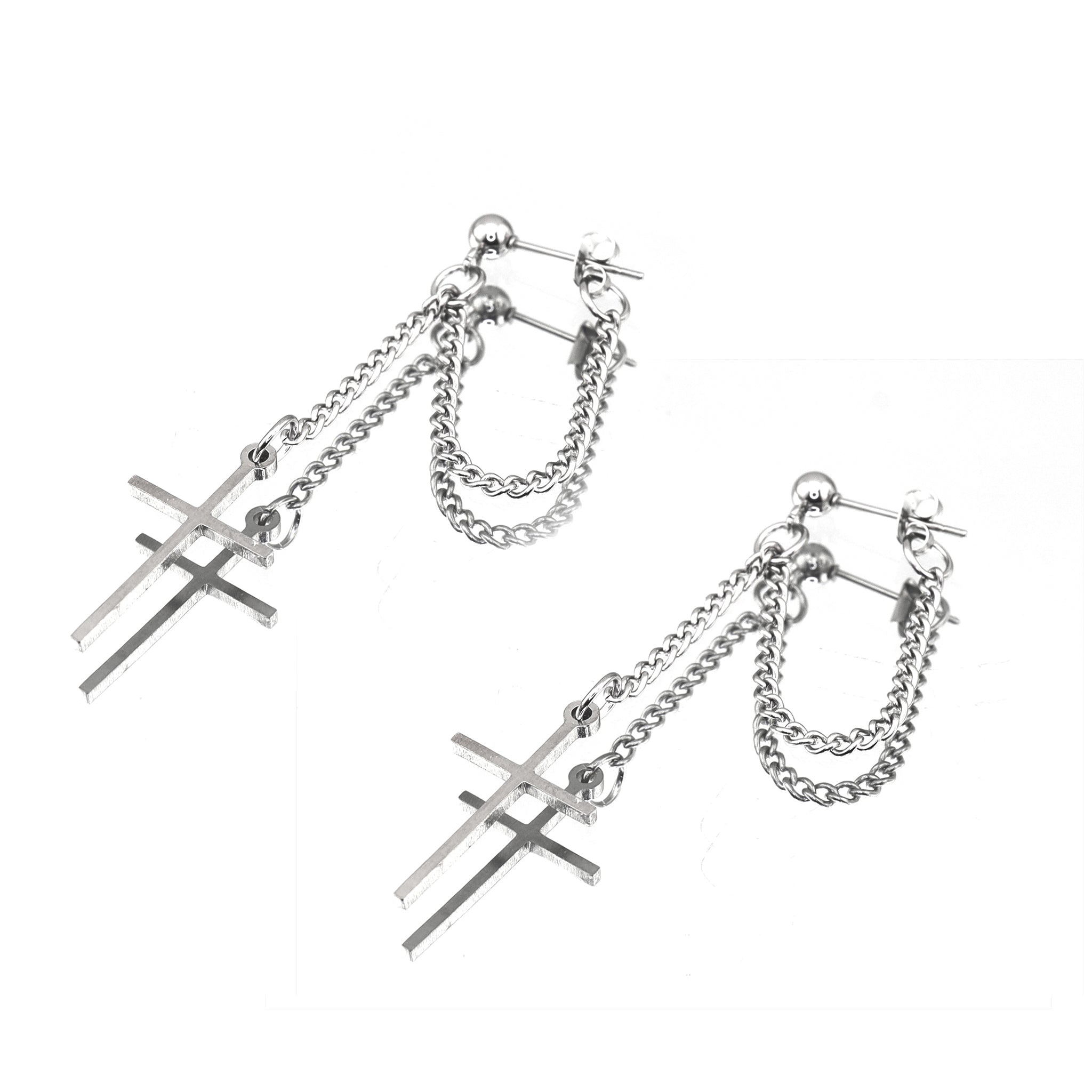 Silver & Black Cross Drop Chain tainless steel Ear Studs ph1