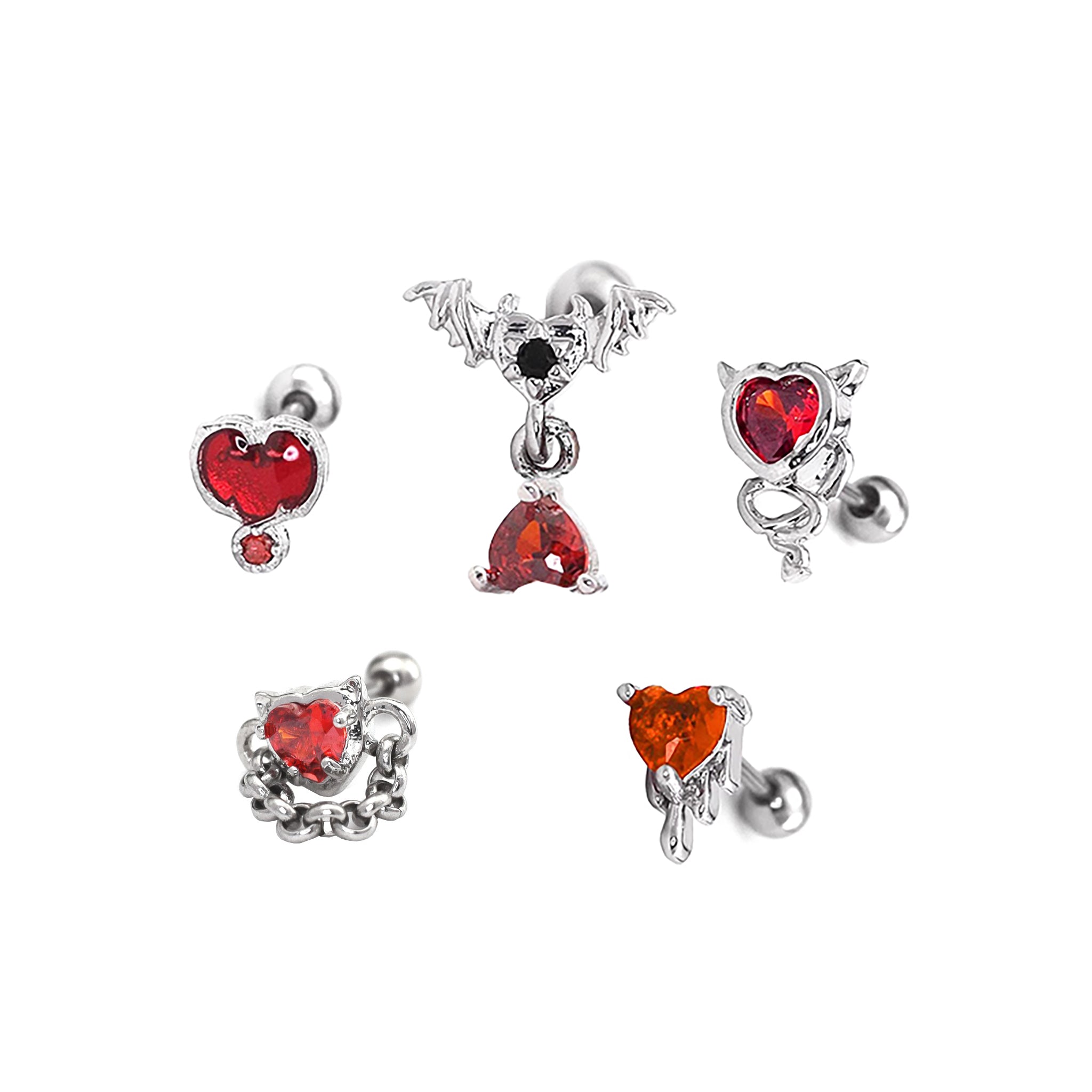 5PCS Thin Gauge Red CZ Demon Stainless Steel Ear Studs SET