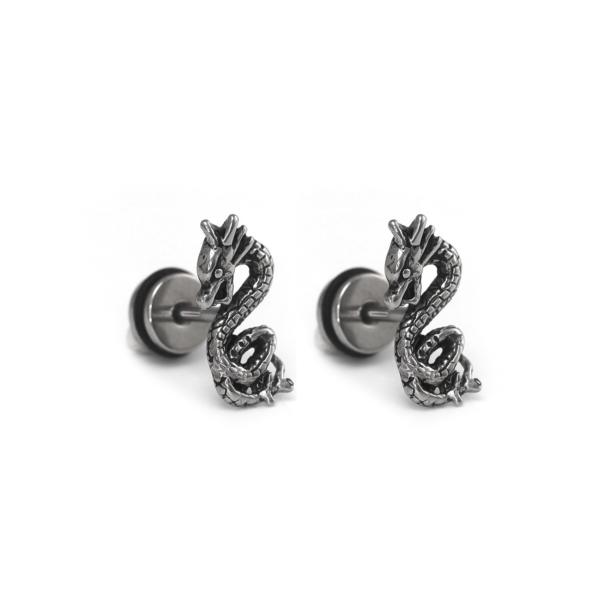 PAIR OF Engraved Dragon Silver & Black Externally Threaded Stainless Steel Ear Studs ph2