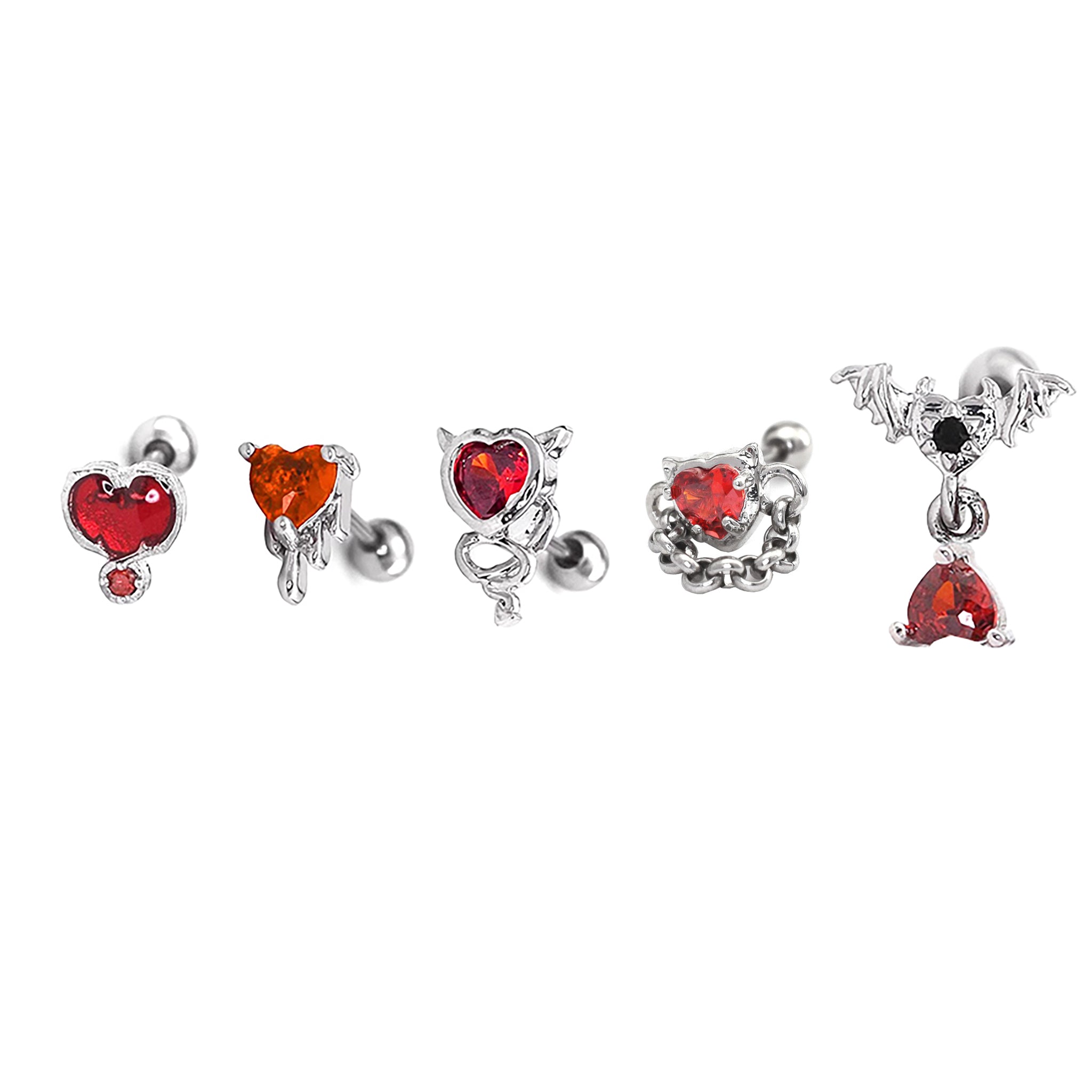 5PCS Thin Gauge Red CZ Demon Stainless Steel Ear Studs SET