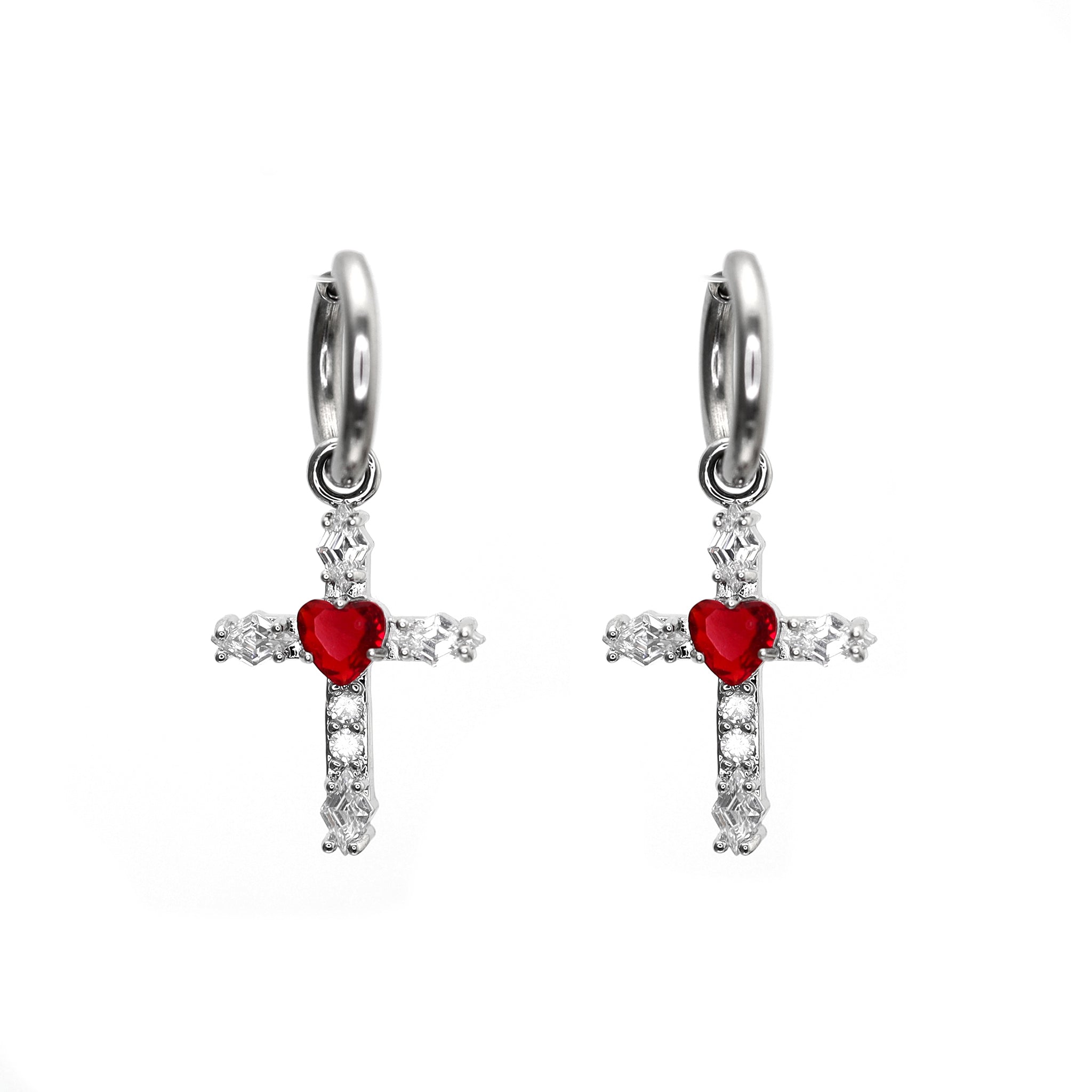 PAIR OF Heart CZ Large Cross stainless steel Earrings ph1