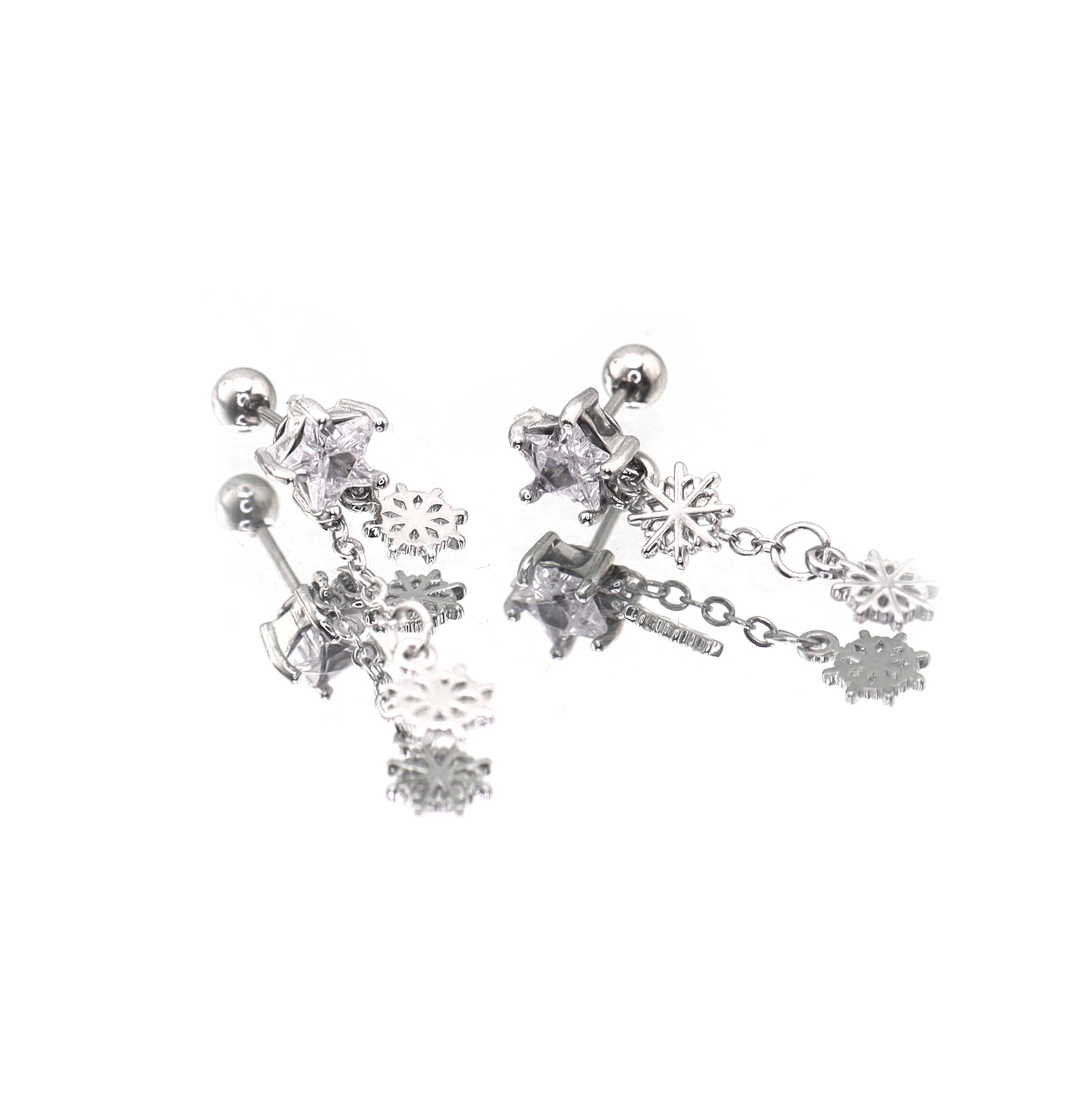 PAIR OF Snowflake Pentagram Dangle stainless steel Ear Studs ph1