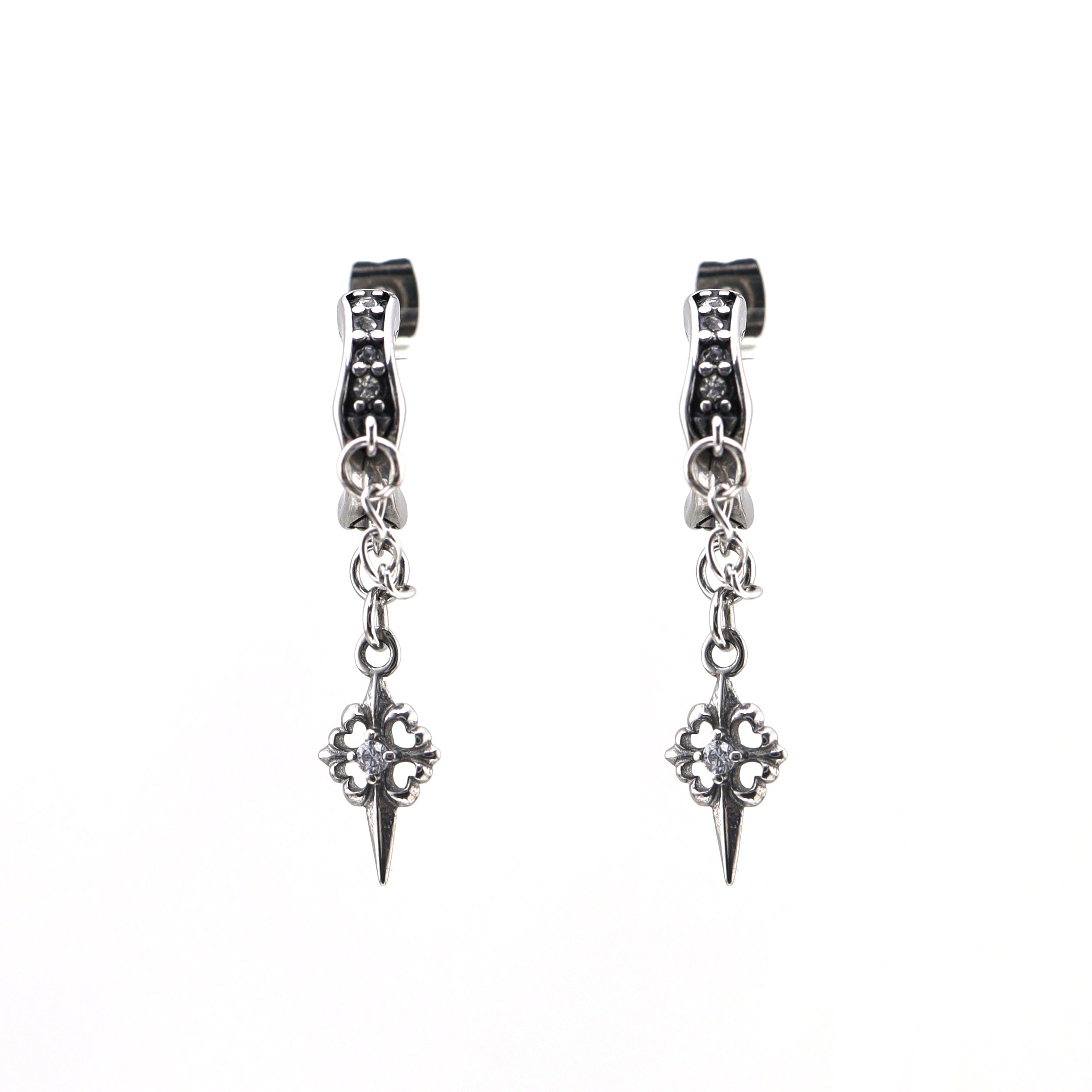 PAIR OF Thin Gauge Cross CZ Drop Chain tainless steel Ear Studs ph1