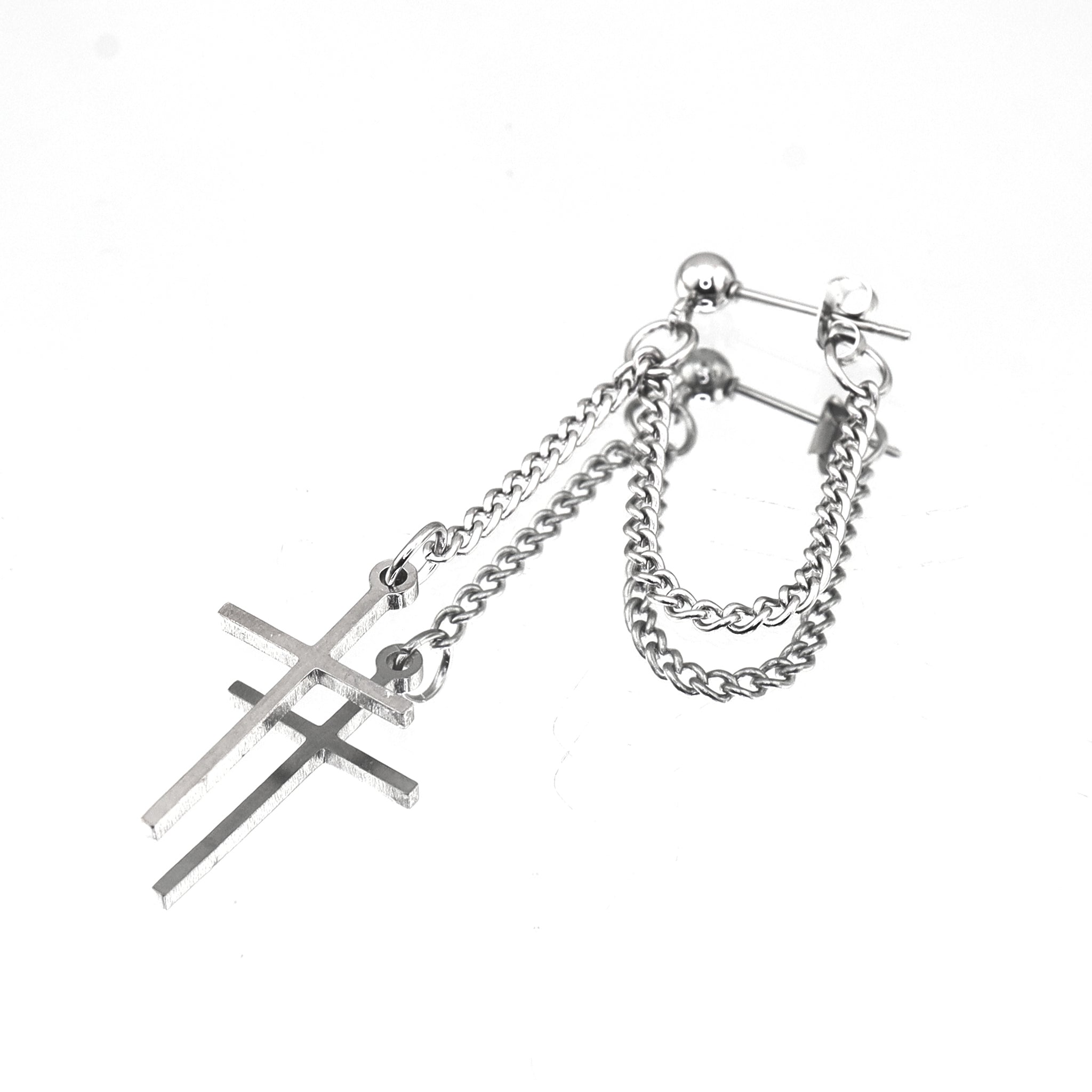 Silver & Black Cross Drop Chain tainless steel Ear Studs ph1