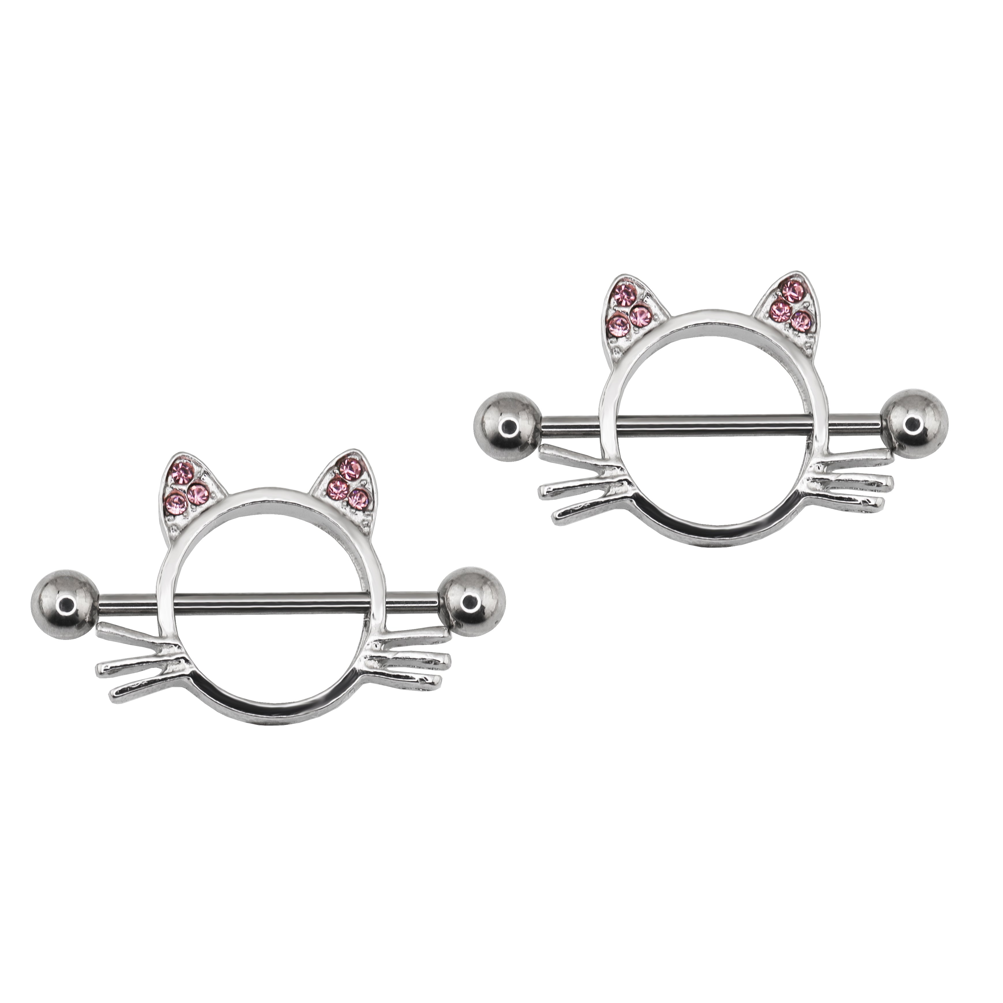Pink CZ Cat Head stainless steel Nipple Rings ph1