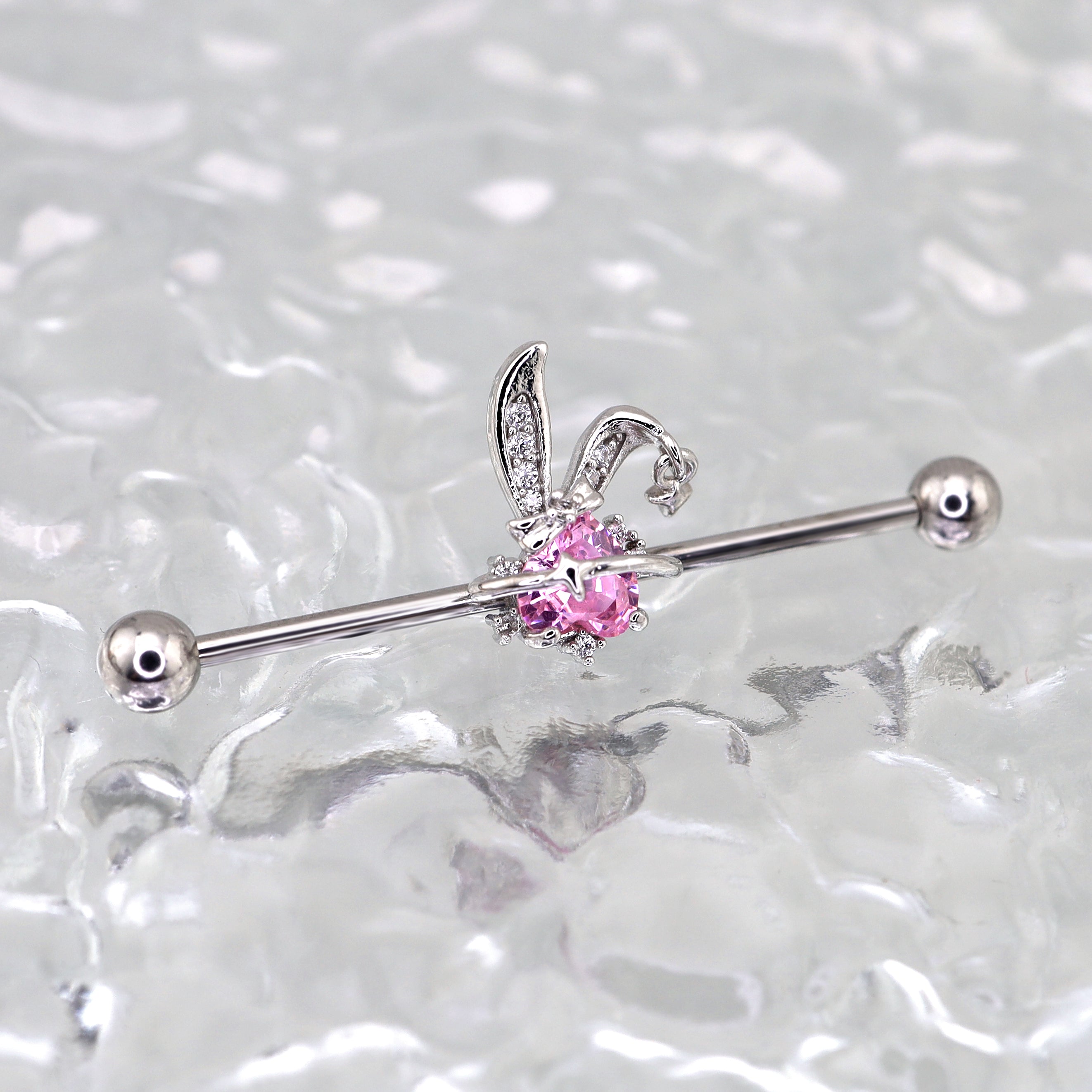 Pink CZ Bunny stainless steel Industrial Barbell ph1