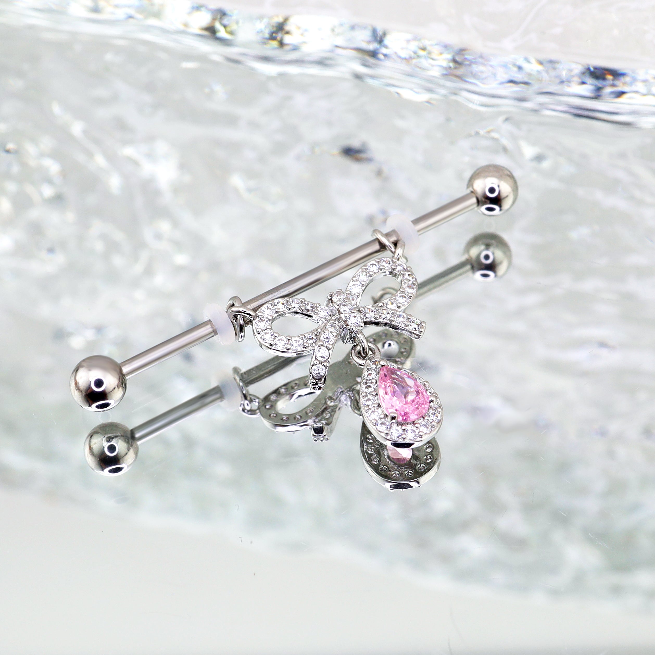 Pink CZ Bow Pendant stainless steel Industrial Barbell ph1