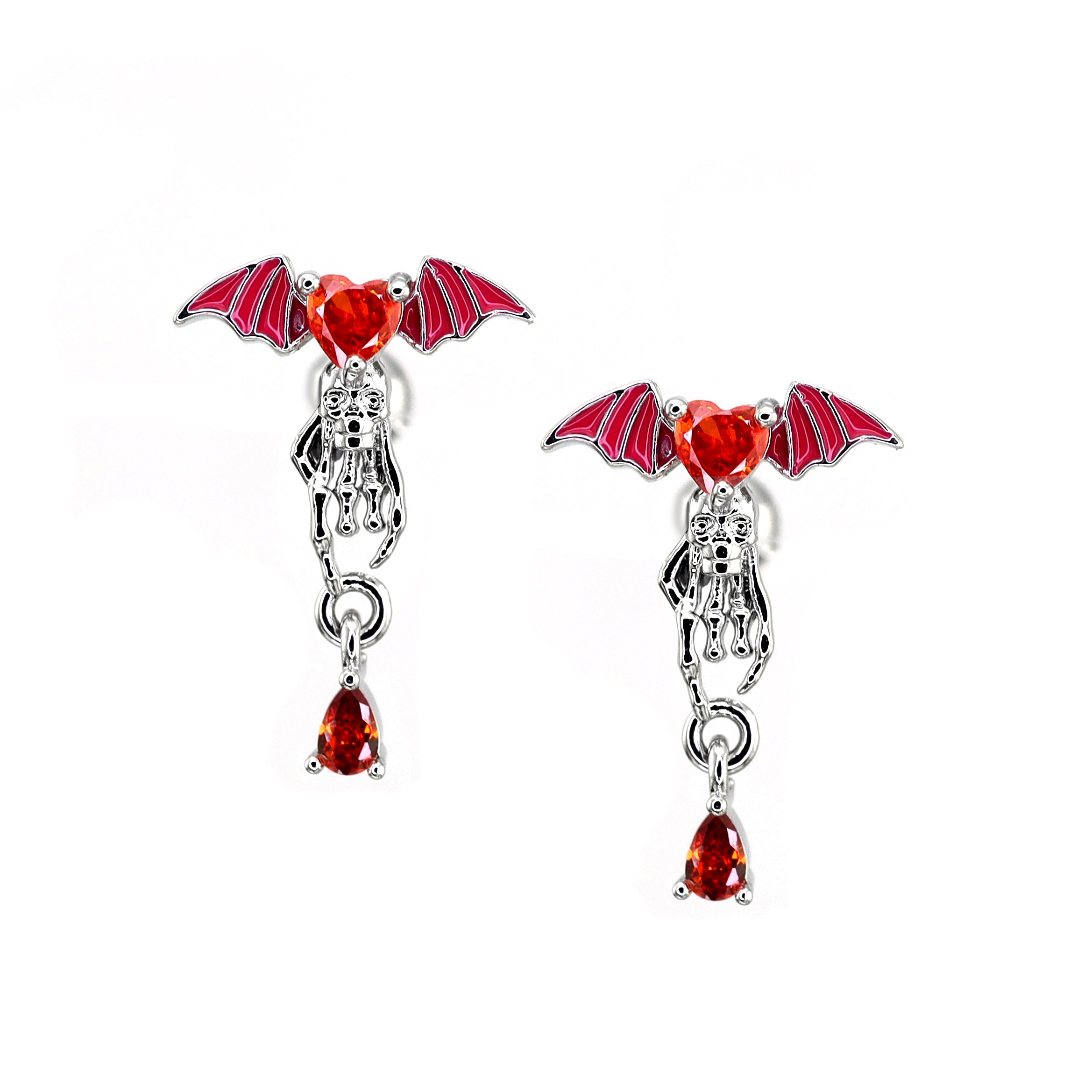 Red CZ Bat & Skull Dangle Ear Studs ph1