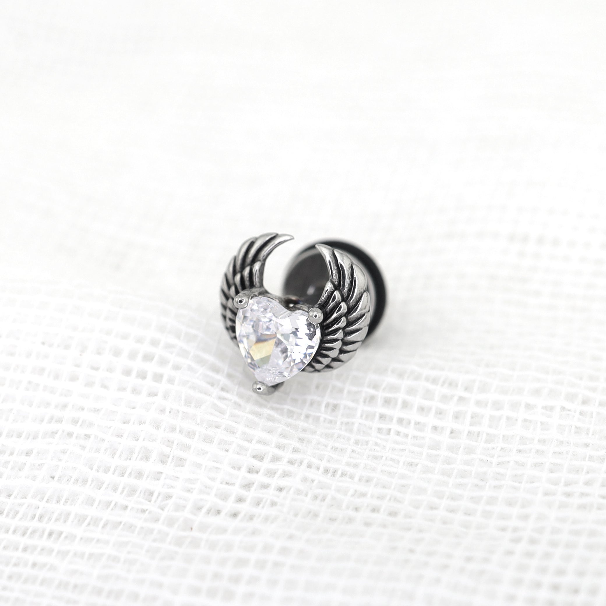 PAIR OF Heart CZ Wing stainless steel Ear Stud