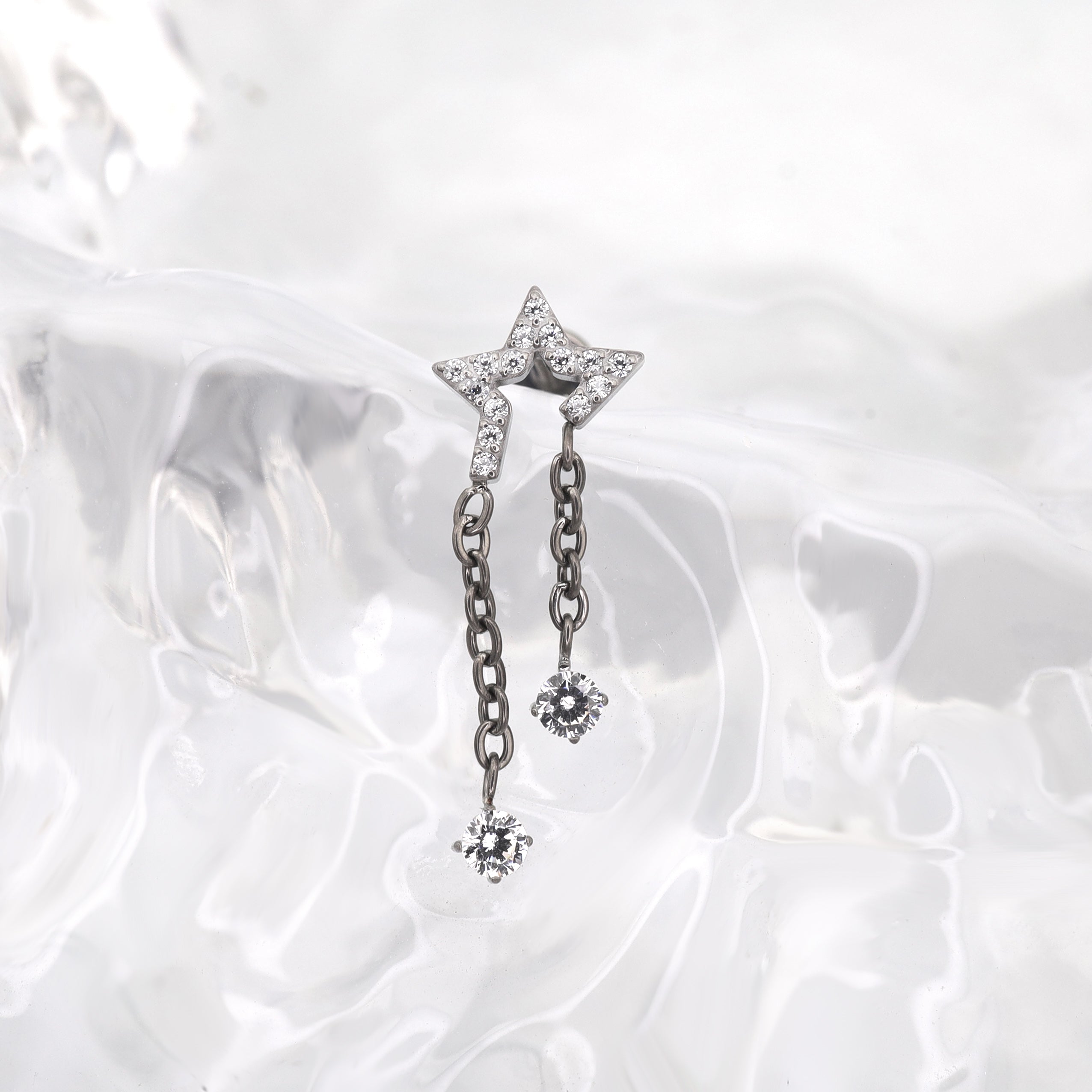 Pentagram CZ Internally Threaded Titanium Dangle Ear Stud ph1