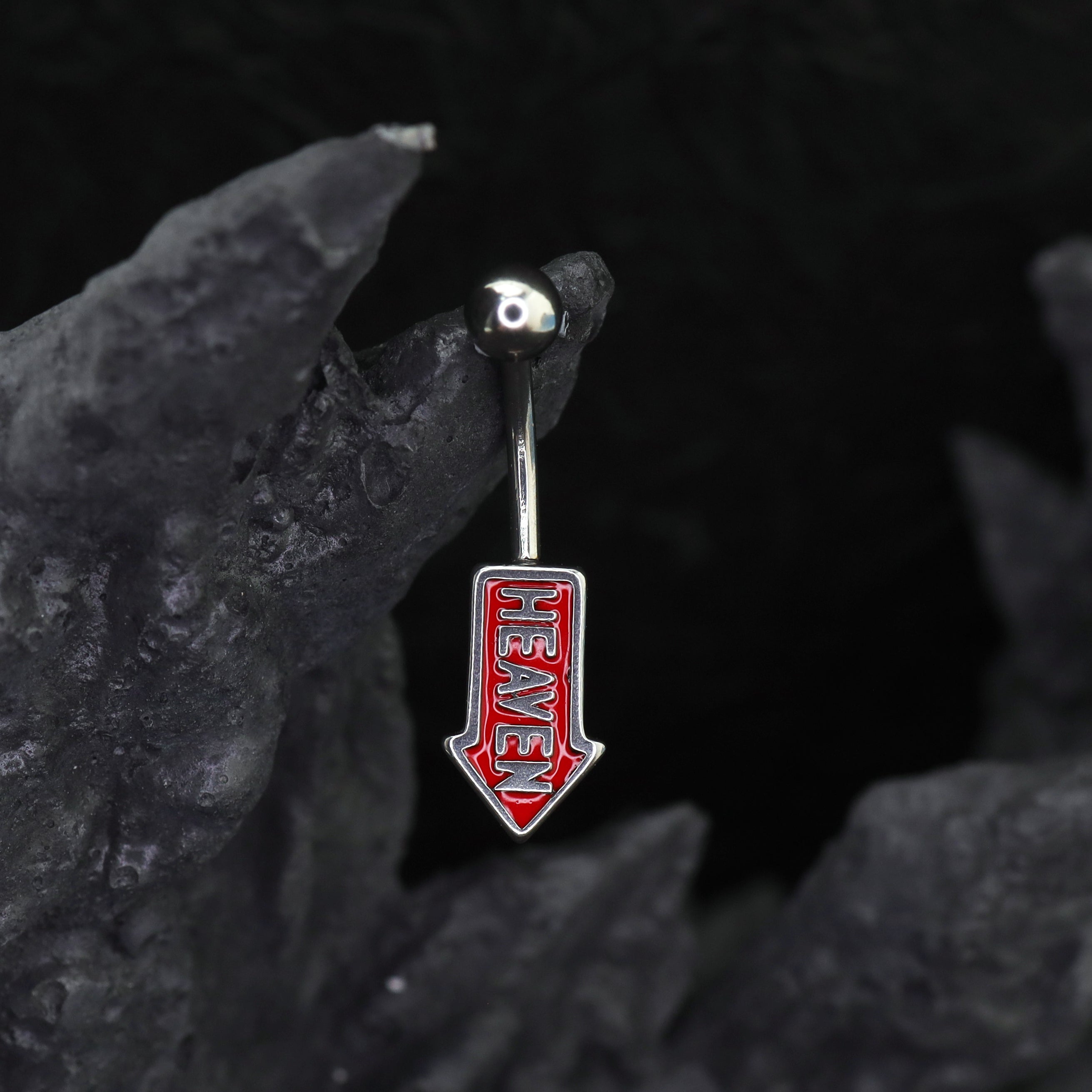 Red Arrow "HEAVEN" Text Belly Ring ph1