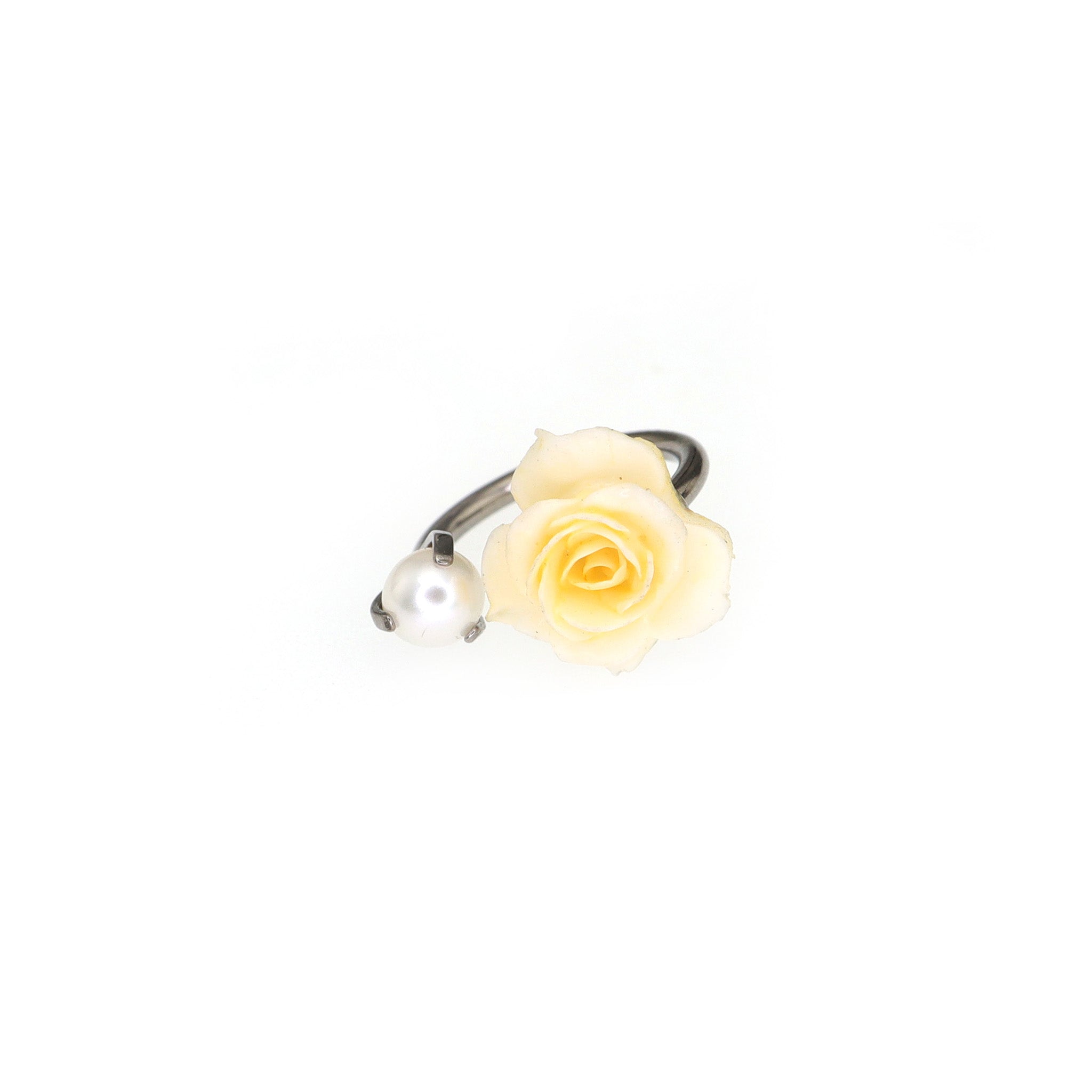 Yellow Rose & Pearl Titanium Horseshoe Ring ph1