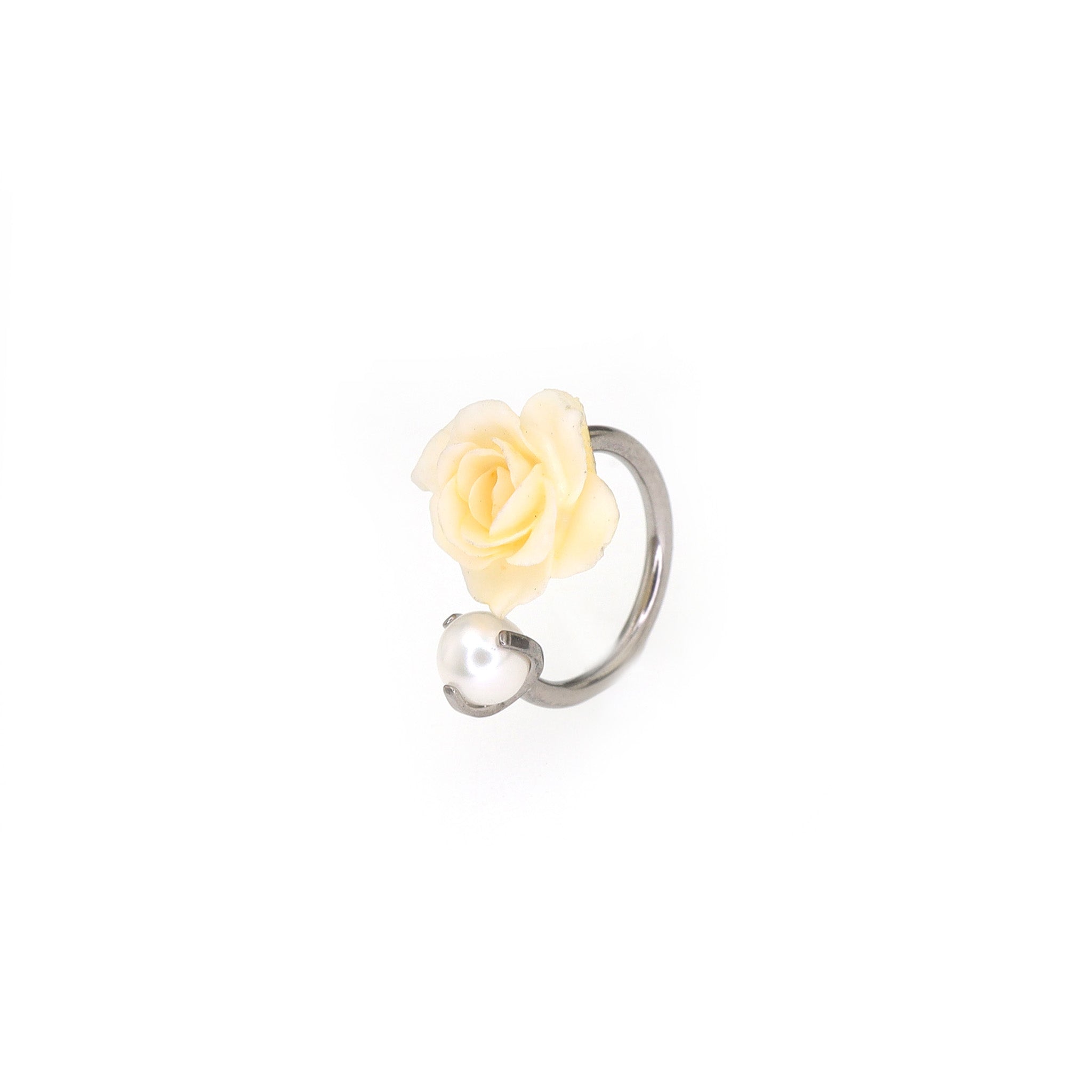 Yellow Rose & Pearl Titanium Horseshoe Ring ph1