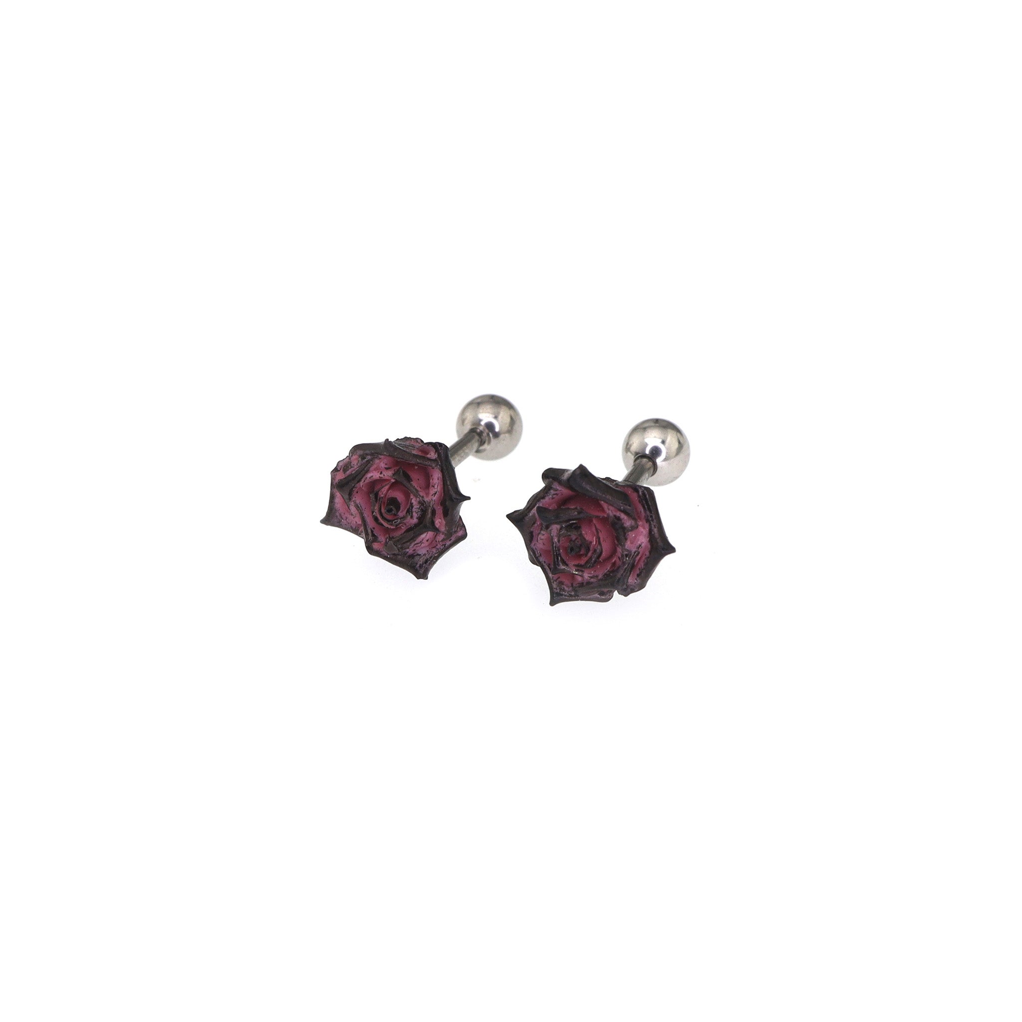 PAIR OF Black & Red Rose Titanium Ear Studs ph1