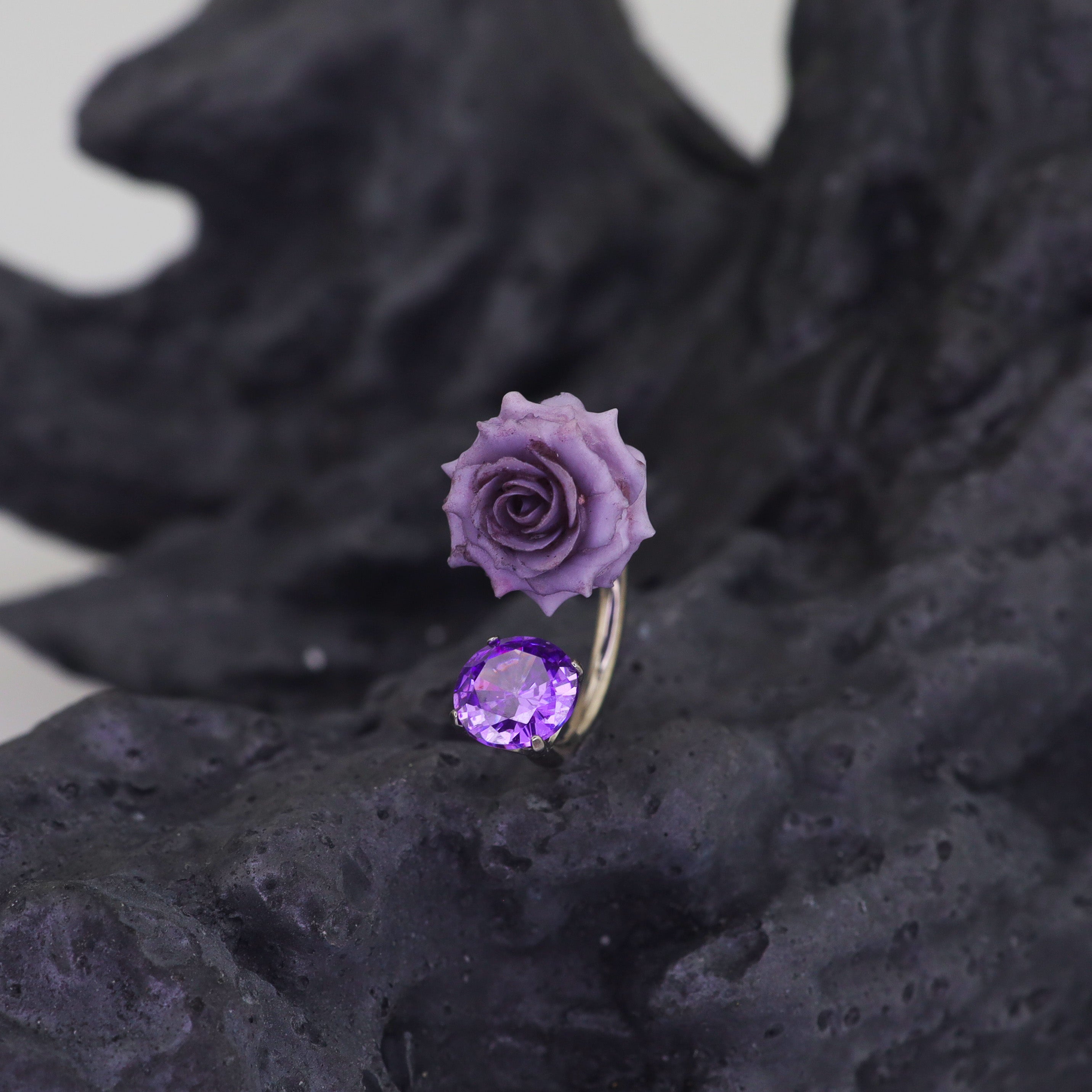 3D Purple Resin Rose & CZ Titanium Horseshoe Rings ph1