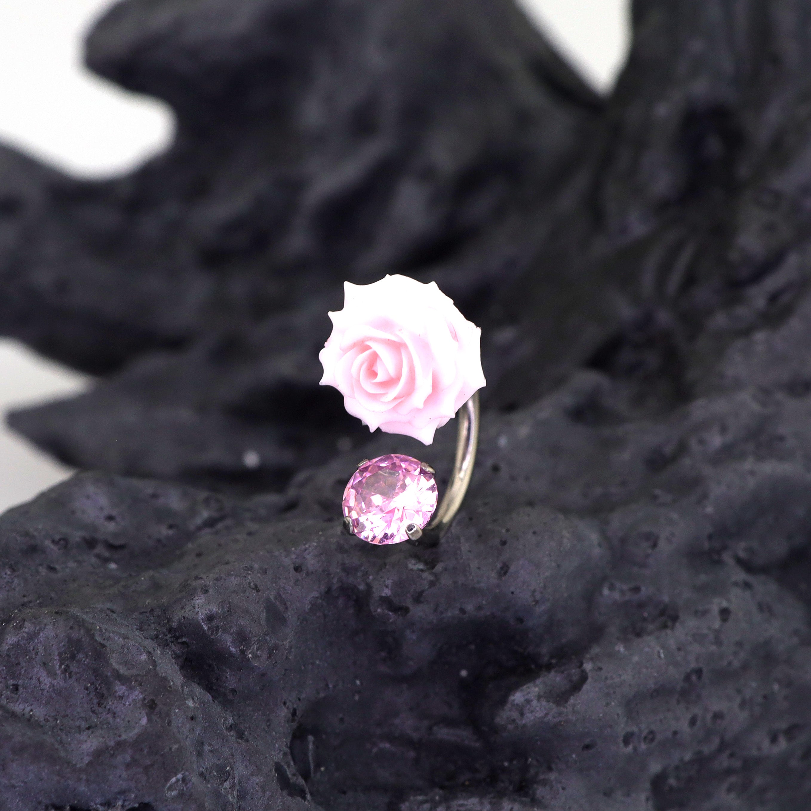3D Pink Resin Rose & CZ Titanium Horseshoe Rings ph1