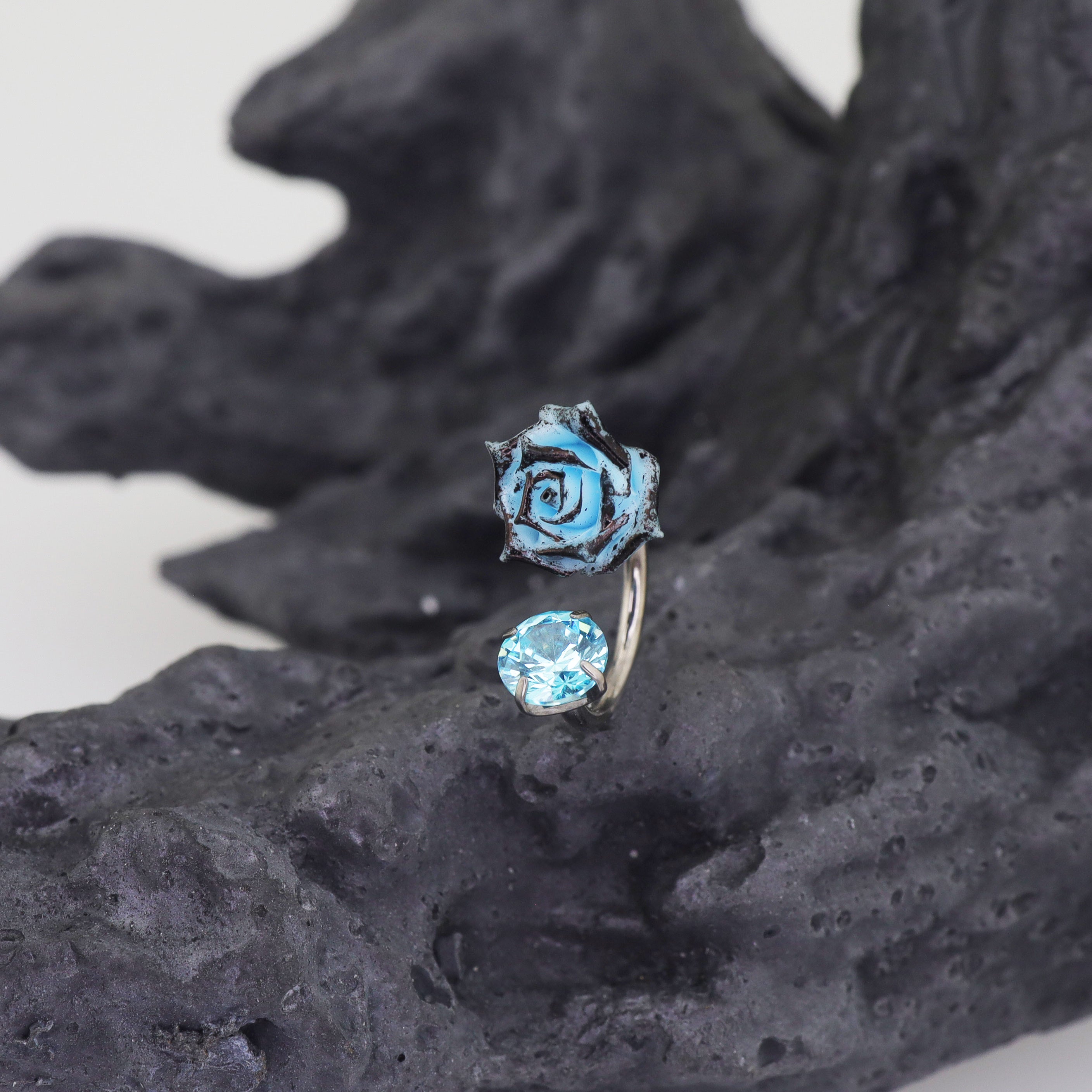 3D Blue Resin Rose & CZ Titanium Horseshoe Rings ph1