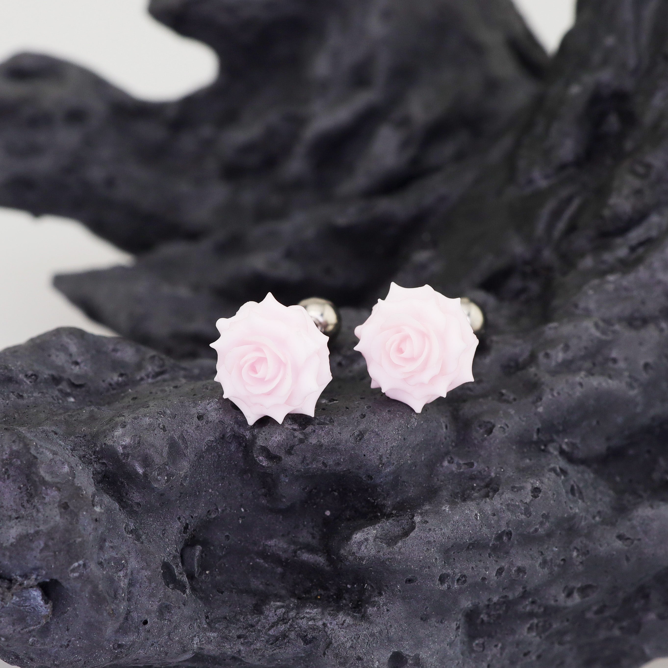 PAIR OF 3D Pink Resin Rose stainless steel Ear Studs ph1