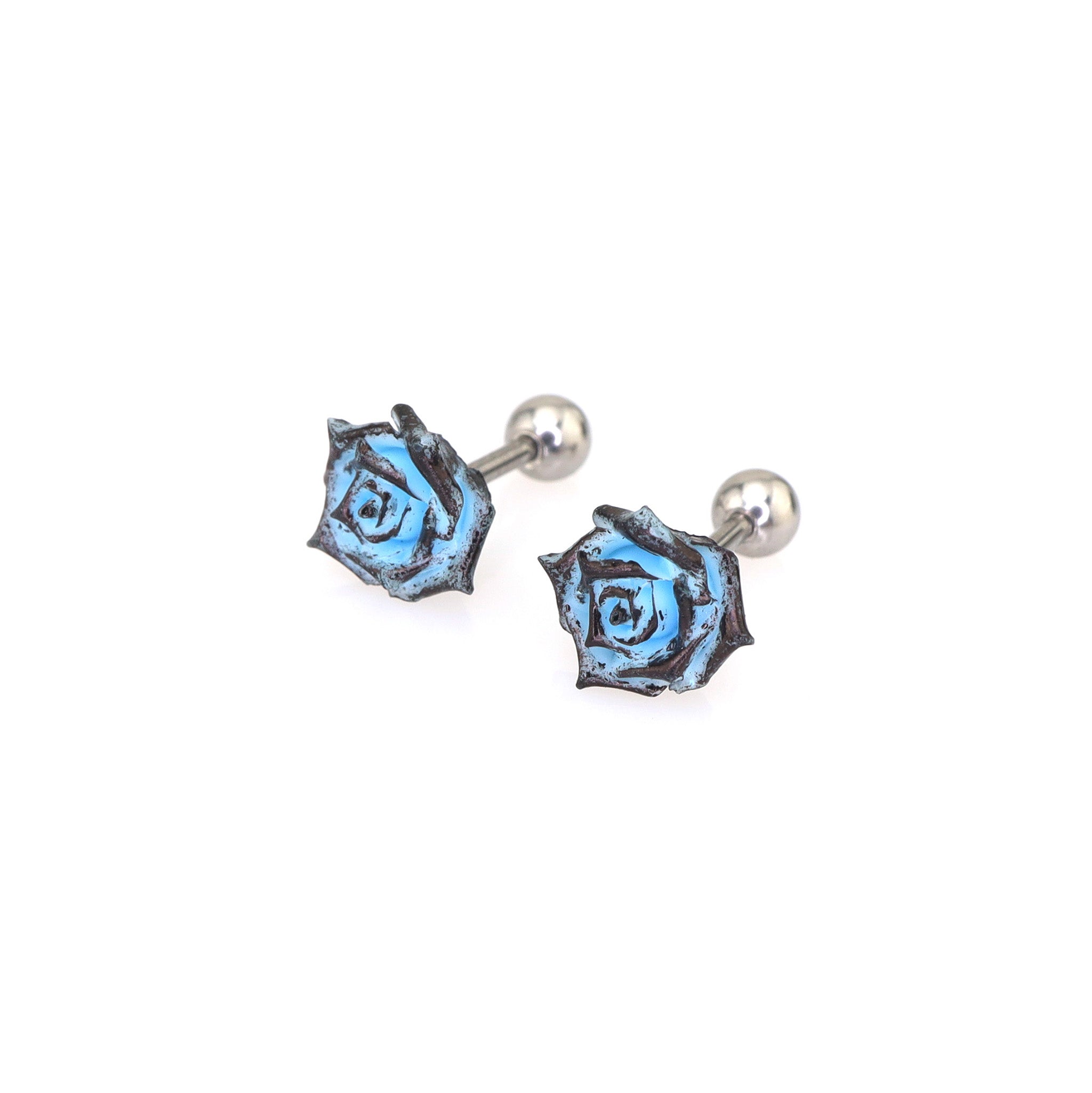 3D Blue Resin Rose stainless steel Ear Studs ph1