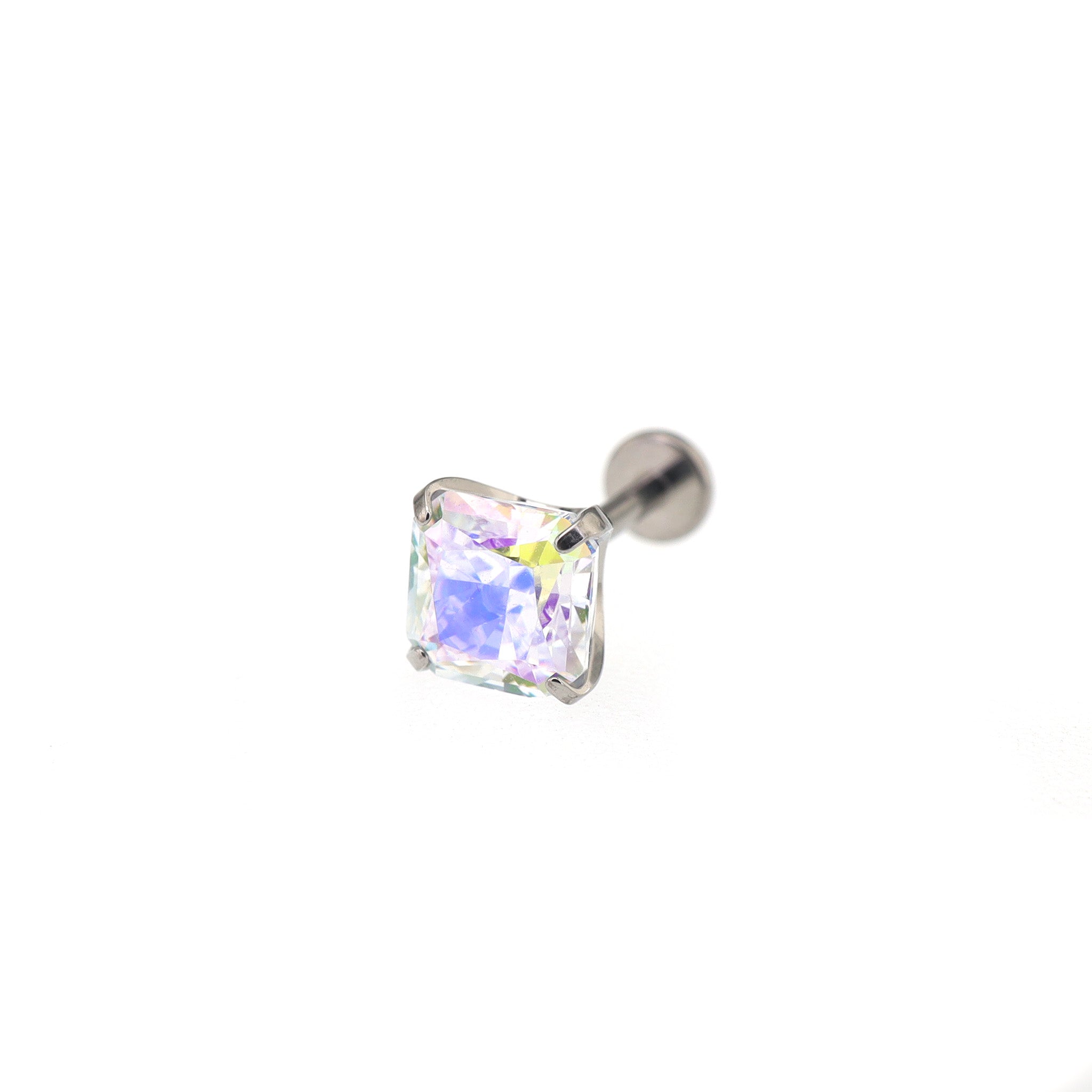 High-Shine Aurora Borealis Square CZ Internally Threaded Titanium Studs ph1