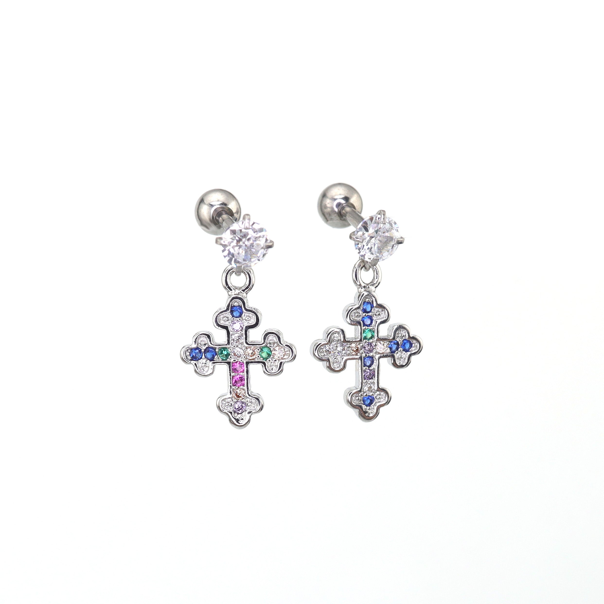 Vintage Cross Pendant Rainbow CZ tainless steel Ear Studs ph1