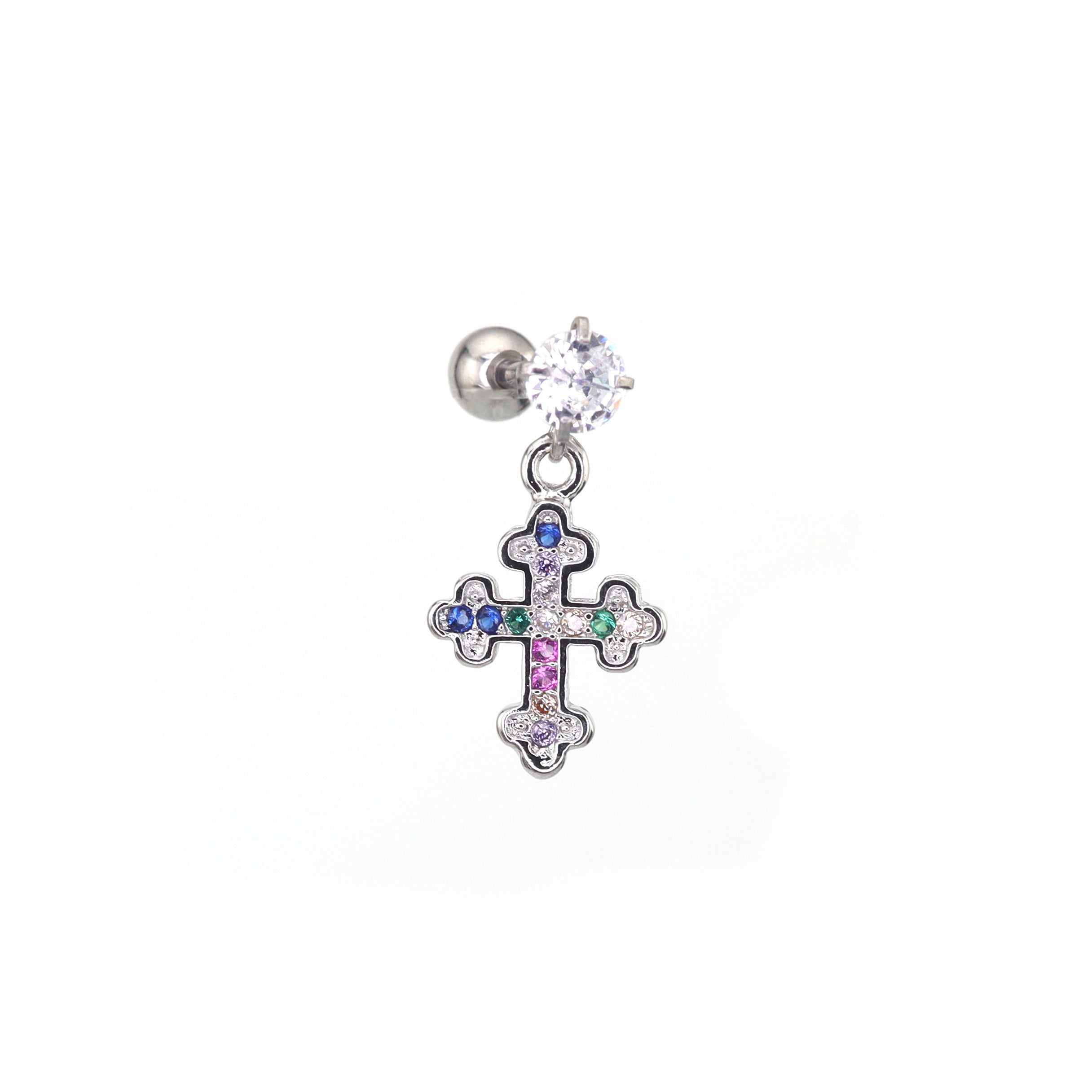 Vintage Cross Pendant Rainbow CZ tainless steel Ear Studs ph1