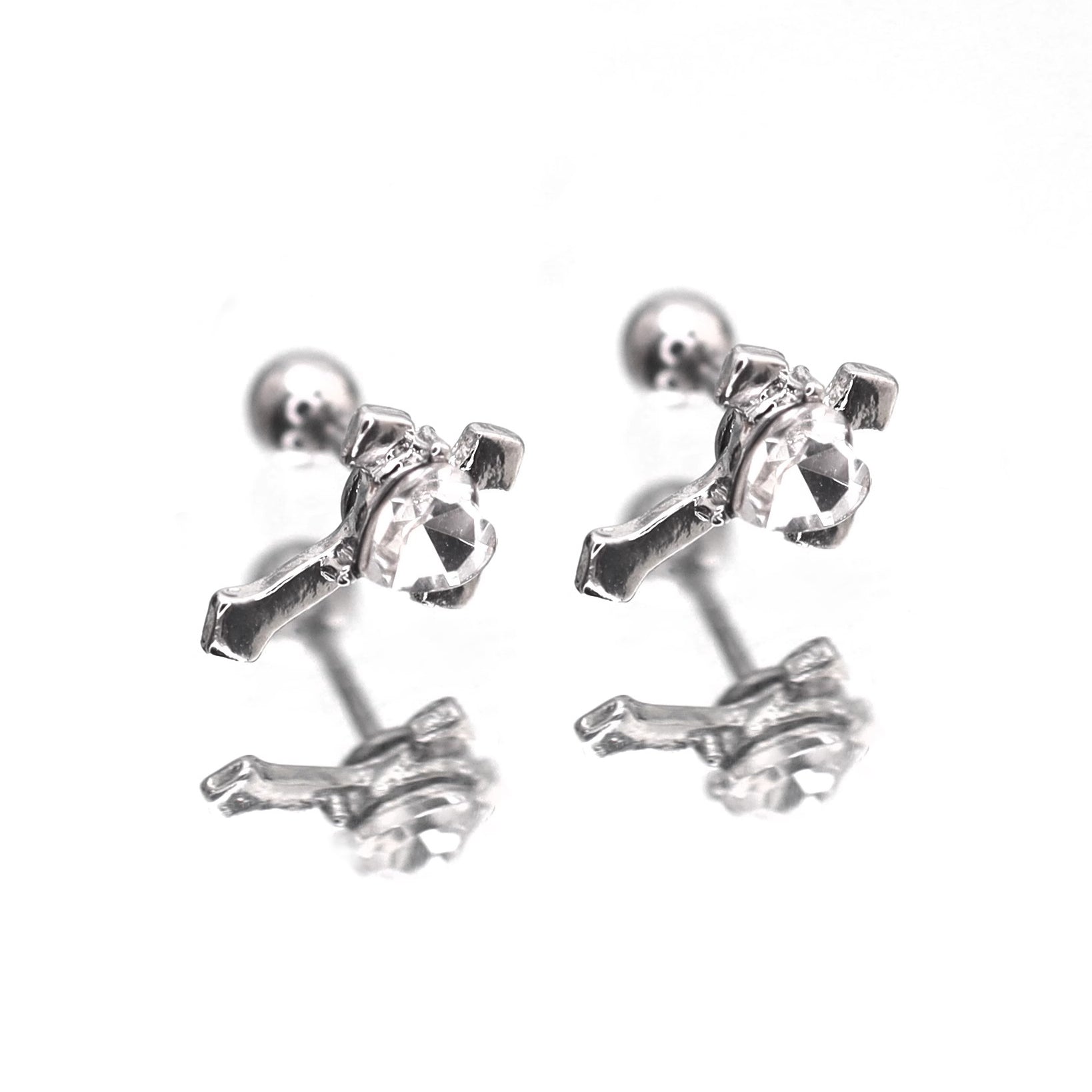 PAIR OF Heart CZ Cross stainless steel Ear Studs ph1