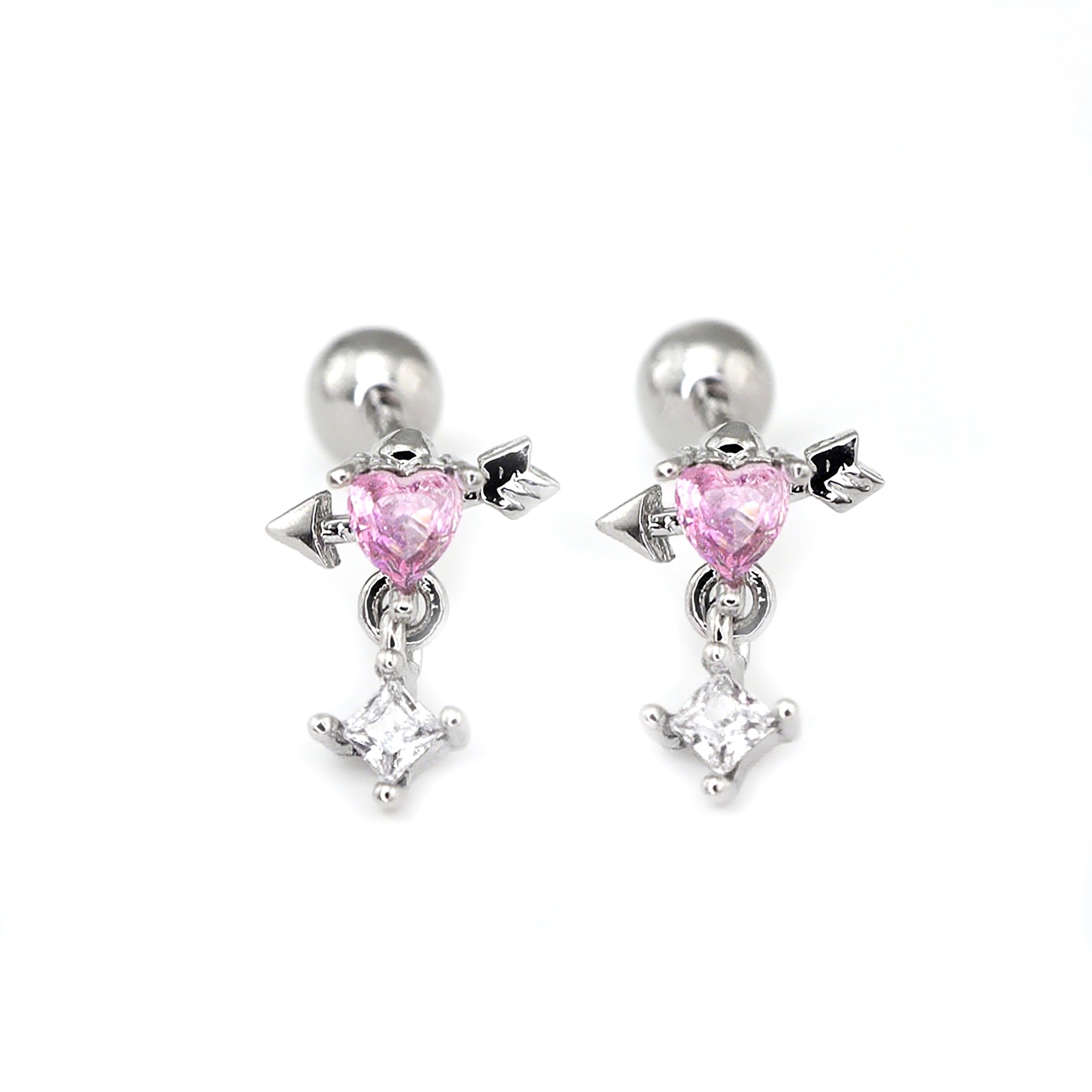 20G Arrow Through Pink Heart CZ Dangle Ear Studs ph1