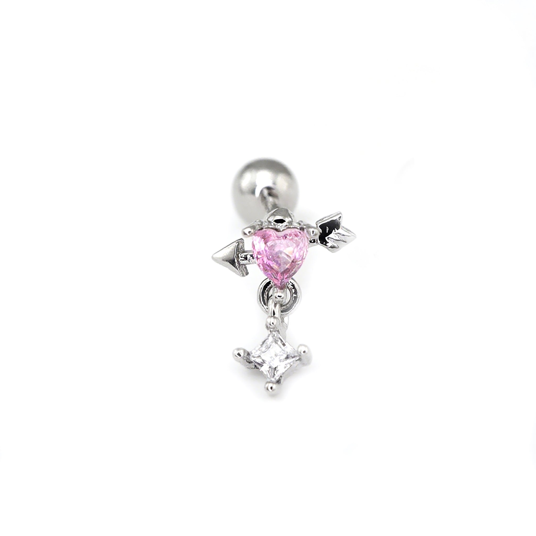 20G Arrow Through Pink Heart CZ Dangle Ear Studs ph1